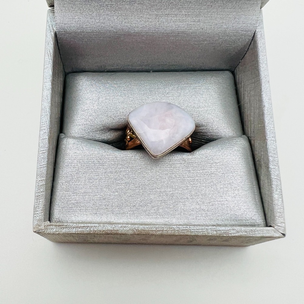 Copper Tone Ring Pink Stone Teardrop Rose Quartz Cabochon Statement Size 6